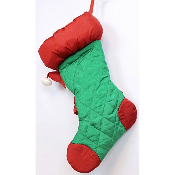 VTG 1990s 18" Santa Claus Nylon Plush Christmas Stocking Red Green Quilted Bow - Picture 2 of 5